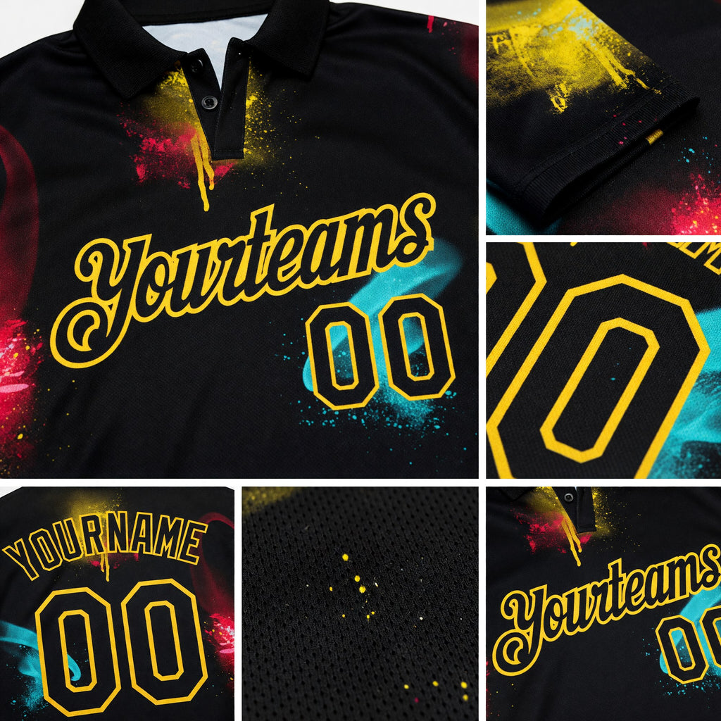 Custom Graffiti Pattern Black-Yellow 3D Performance Golf Polo Shirt detail