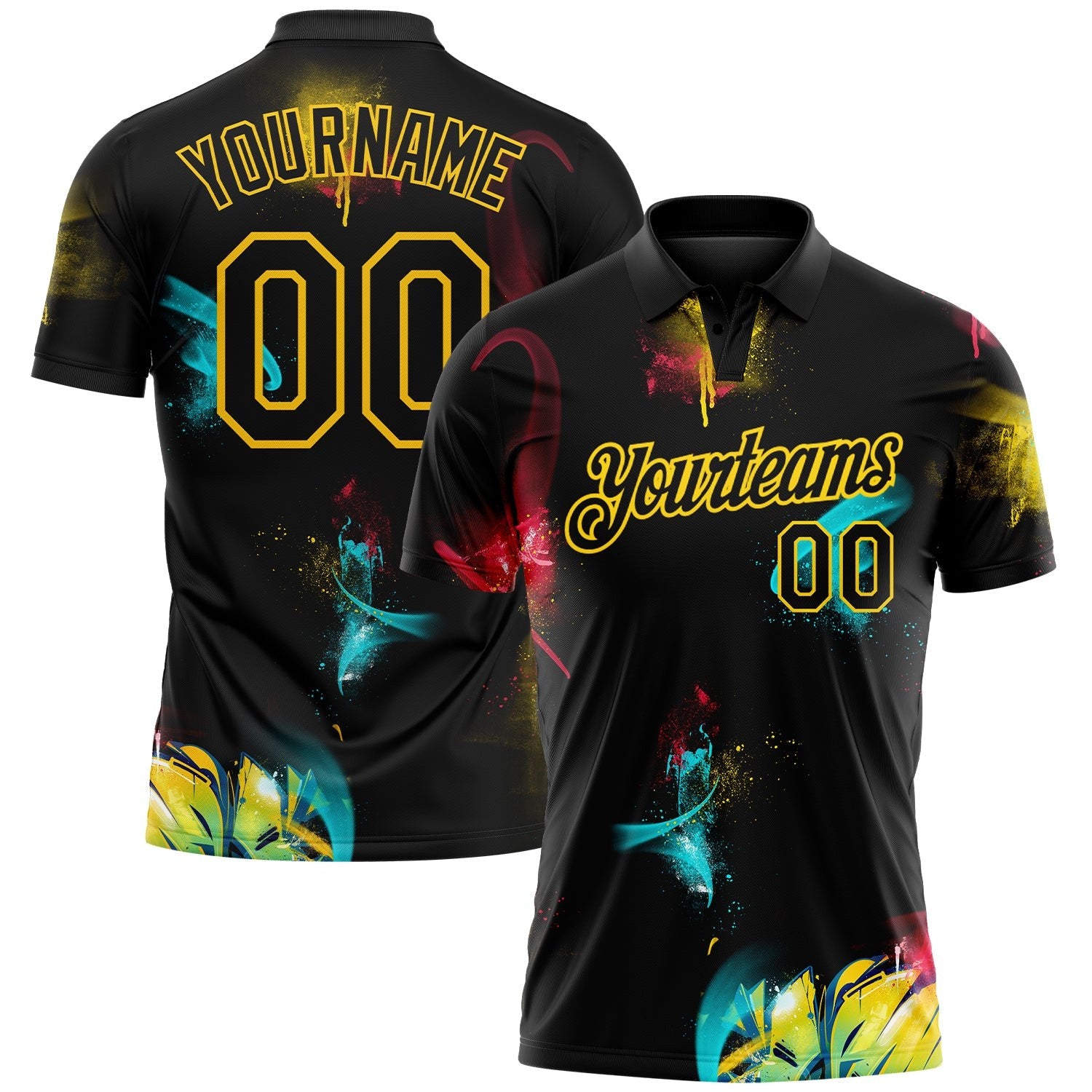 Custom Graffiti Pattern Black-Yellow 3D Performance Golf Polo Shirt photo 1