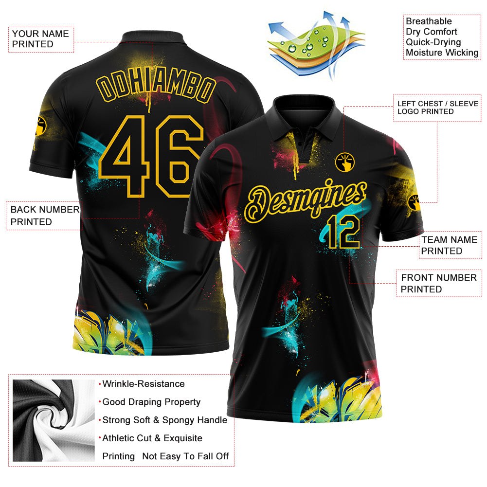 Custom Graffiti Pattern Black-Yellow 3D Performance Golf Polo Shirt photo 3