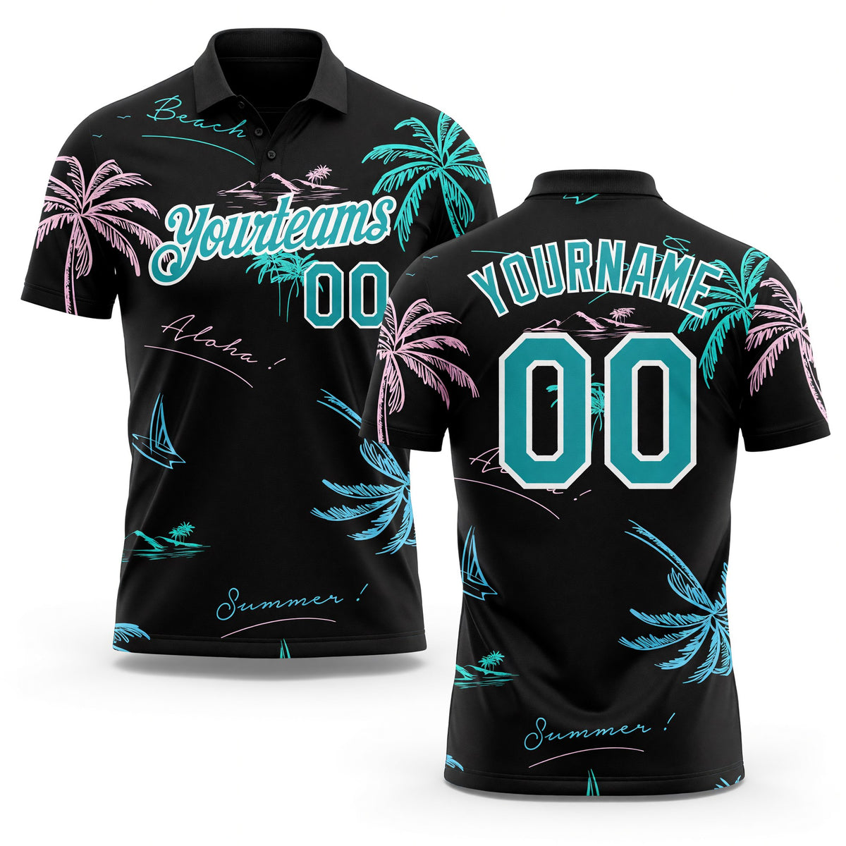 Custom Black Teal-White 3D Pattern Design Hawaii Palm Trees Performance Golf Polo Shirt