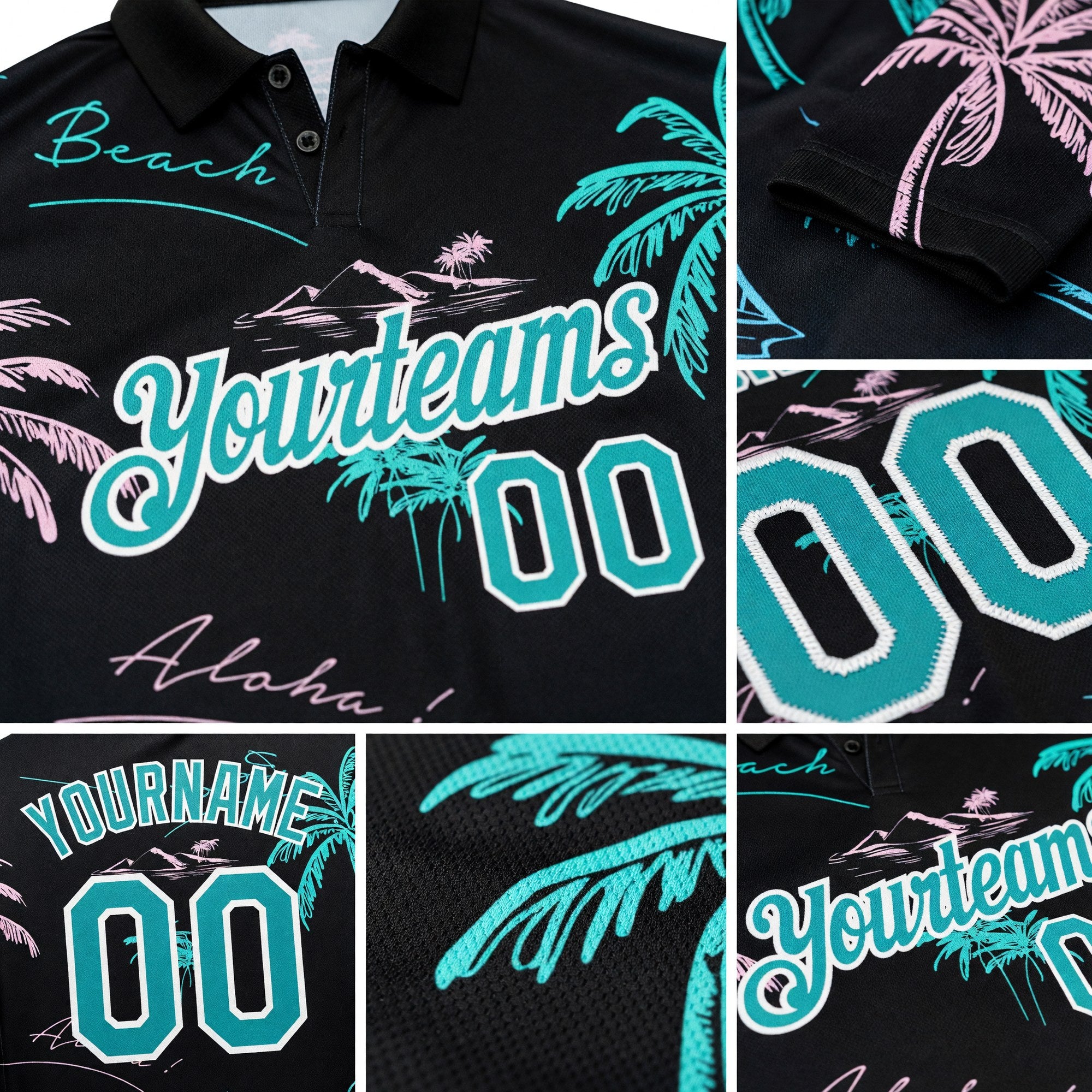 Custom Black Teal-White 3D Pattern Design Hawaii Palm Trees Performance Golf Polo Shirt detail