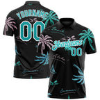 Custom Black Teal-White 3D Pattern Design Hawaii Palm Trees Performance Golf Polo Shirt photo 1
