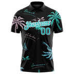Custom Black Teal-White 3D Pattern Design Hawaii Palm Trees Performance Golf Polo Shirt photo 2