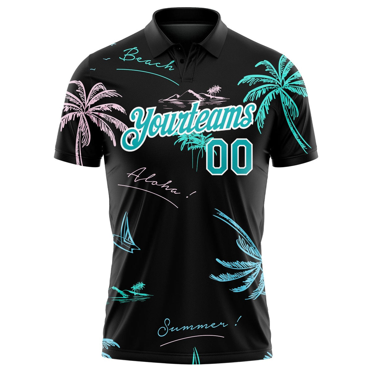 Custom Black Teal-White 3D Pattern Design Hawaii Palm Trees Performance Golf Polo Shirt photo 2