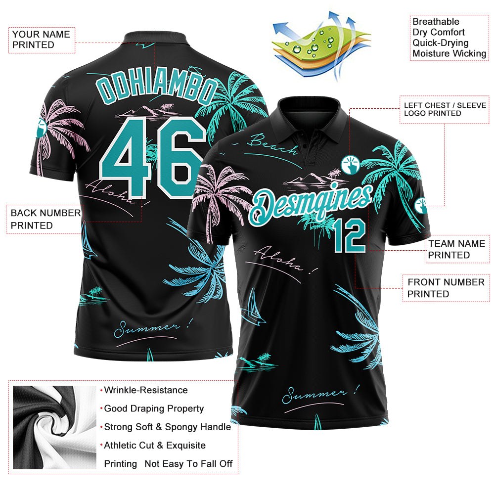 Custom Black Teal-White 3D Pattern Design Hawaii Palm Trees Performance Golf Polo Shirt photo 3