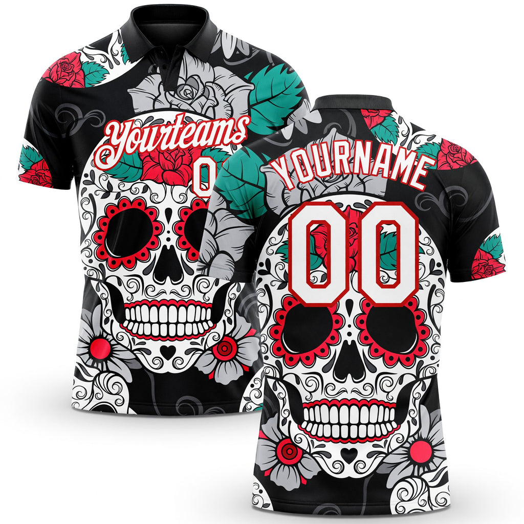 Custom Black White-Red 3D Skull Fashion Performance Golf Polo Shirt