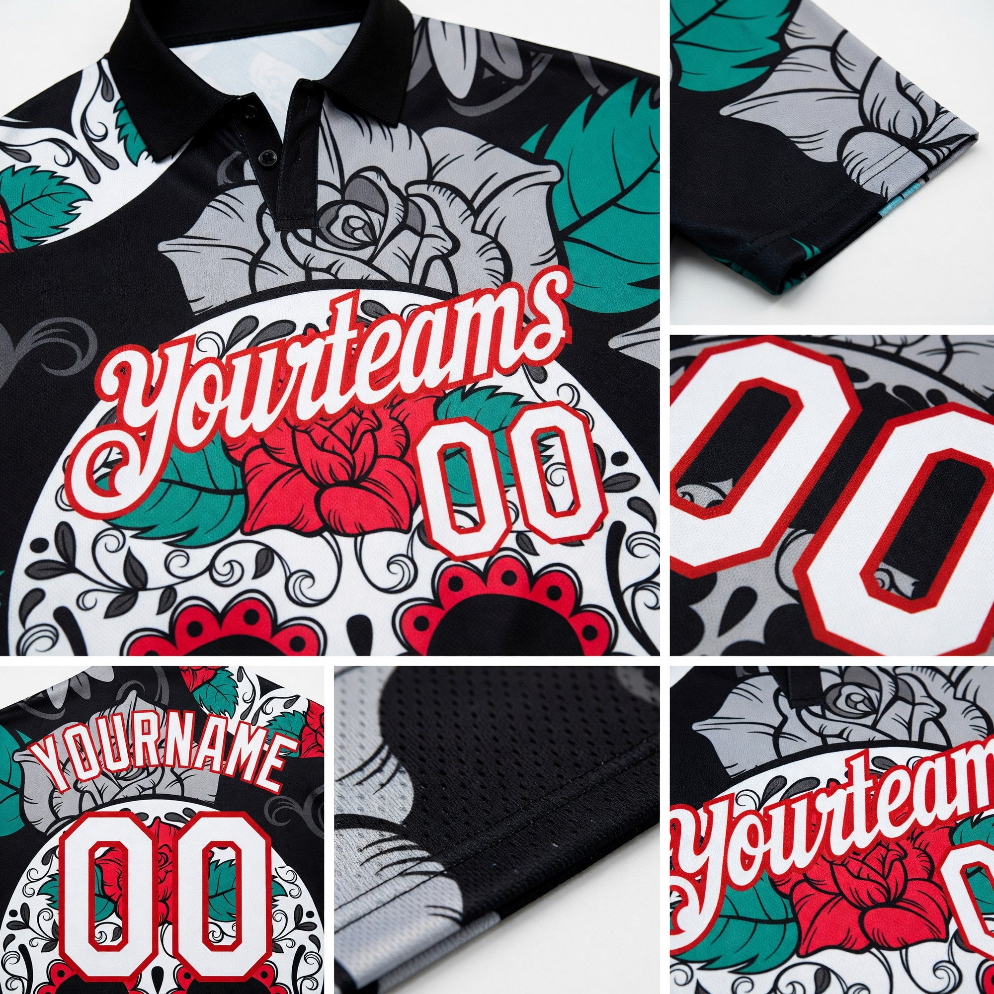 Custom Black White-Red 3D Skull Fashion Performance Golf Polo Shirt detail