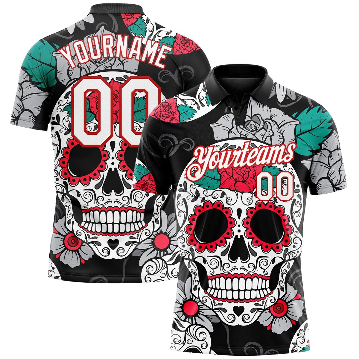 Custom Black White-Red 3D Skull Fashion Performance Golf Polo Shirt photo 1