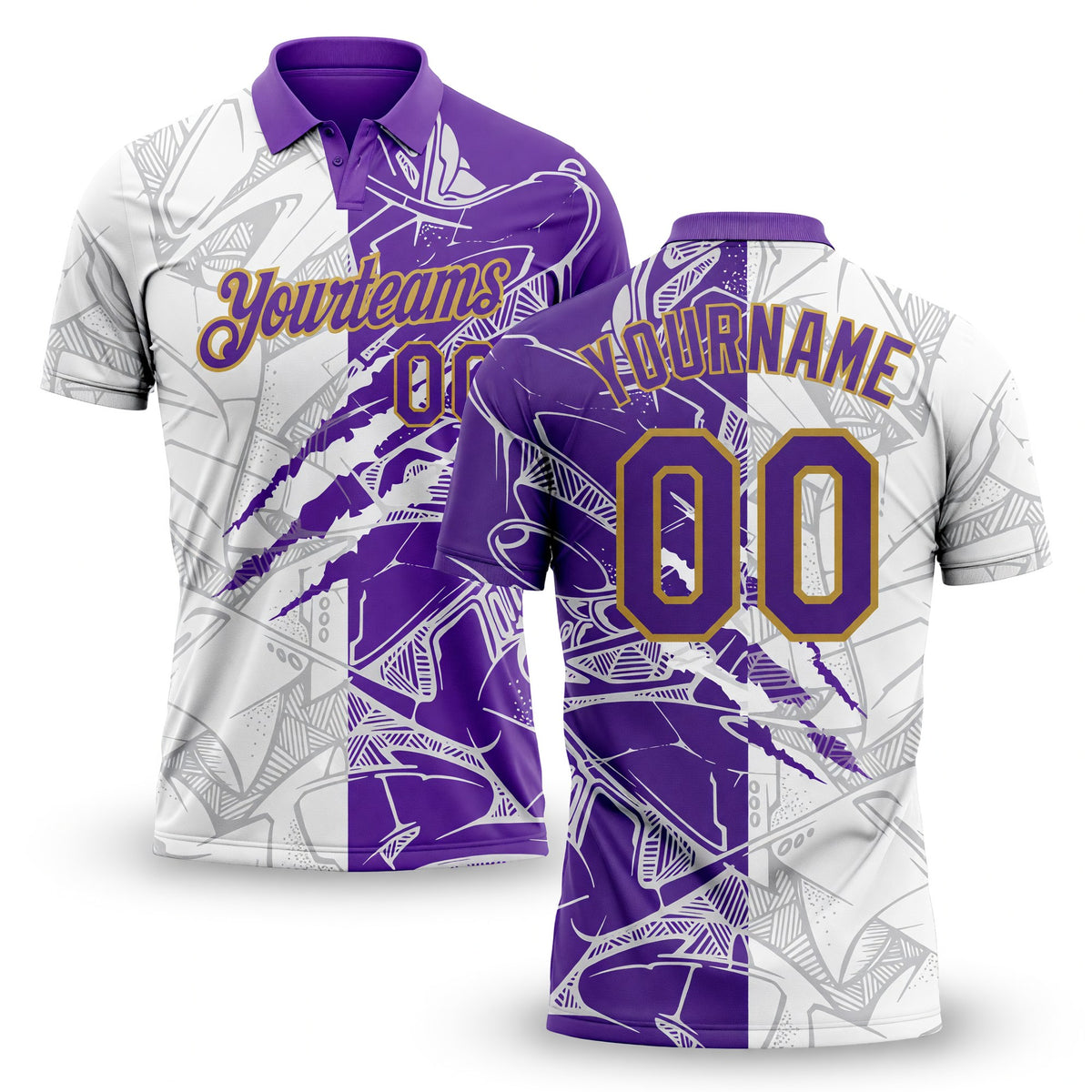 Custom Graffiti Pattern Purple-Old Gold 3D Scratch Performance Golf Polo Shirt