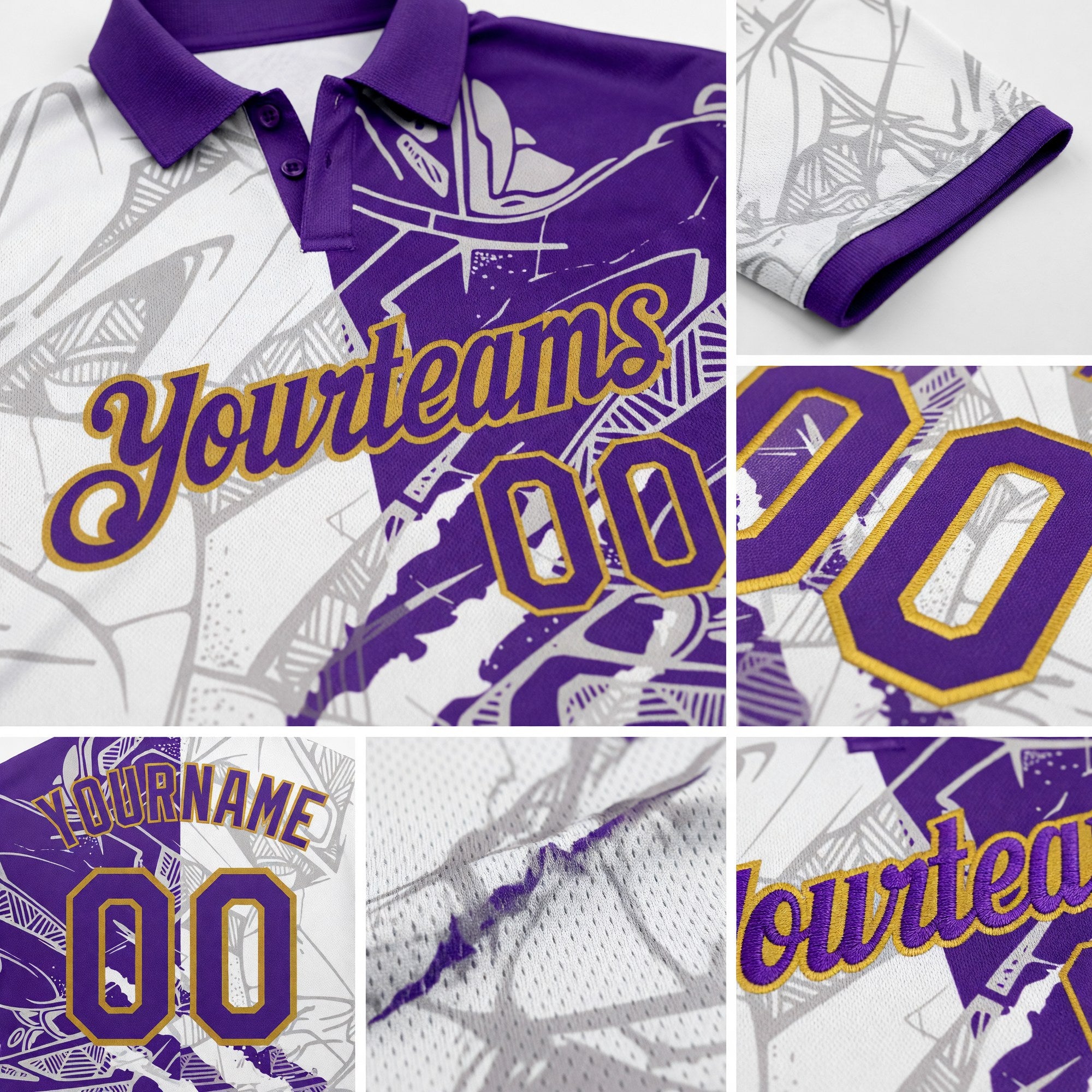 Custom Graffiti Pattern Purple-Old Gold 3D Scratch Performance Golf Polo Shirt detail