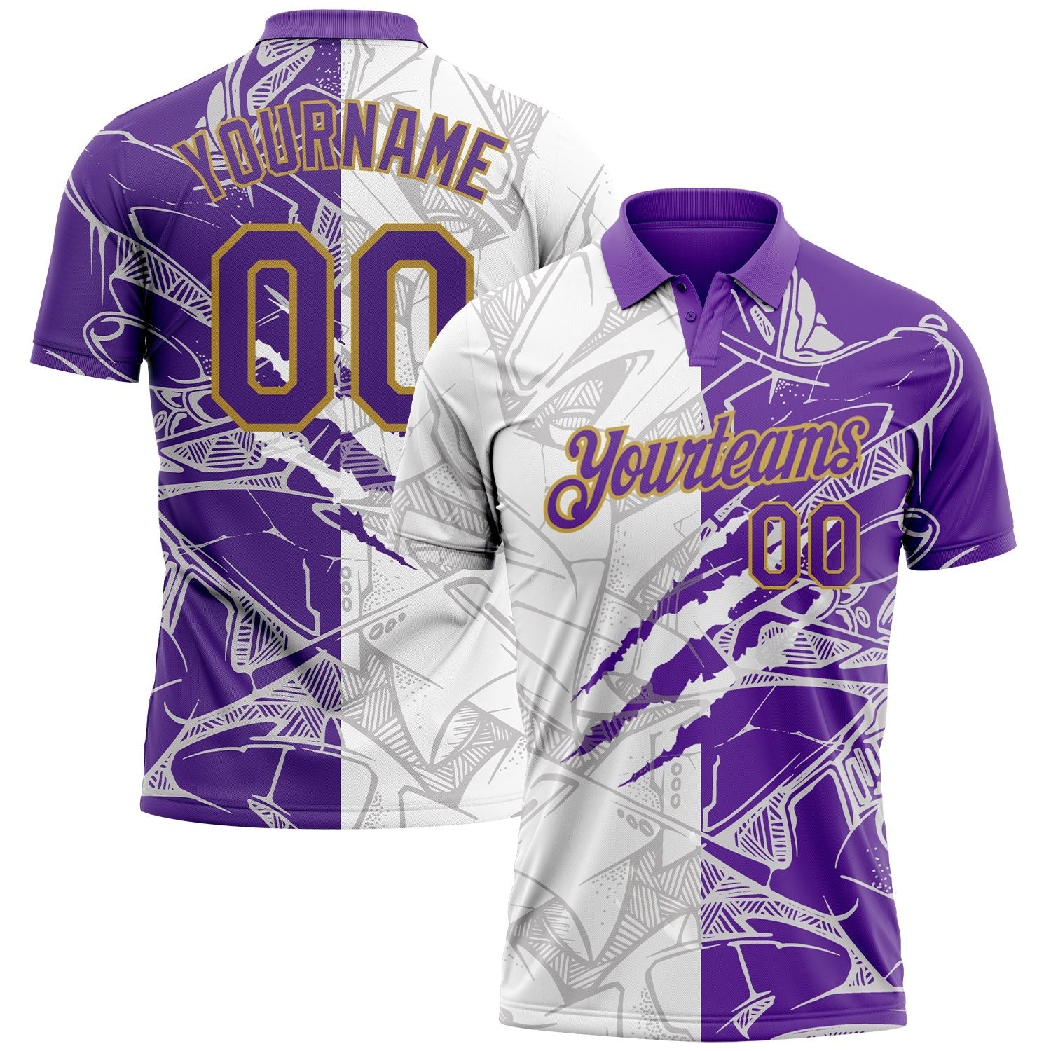 Custom Graffiti Pattern Purple-Old Gold 3D Scratch Performance Golf Polo Shirt photo 1