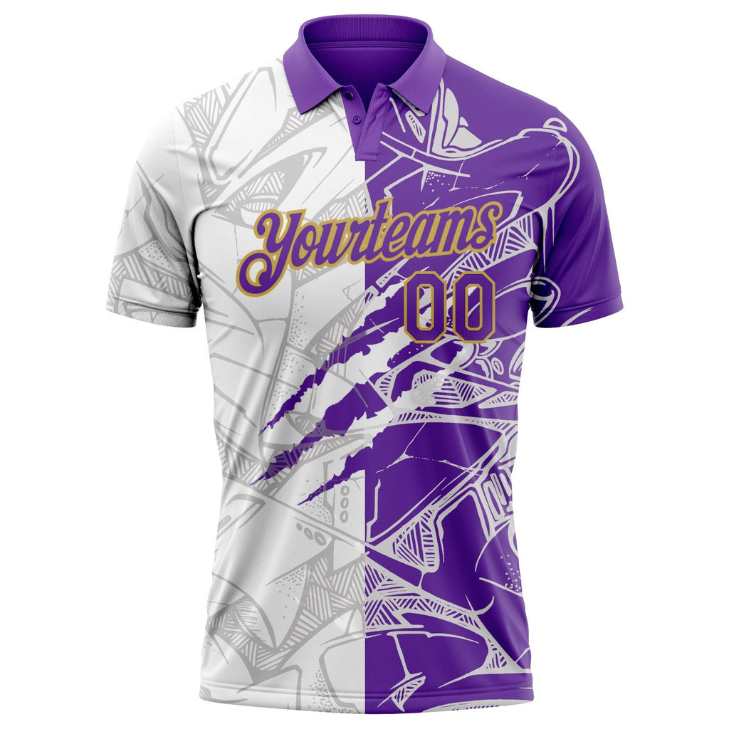 Custom Graffiti Pattern Purple-Old Gold 3D Scratch Performance Golf Polo Shirt photo 2