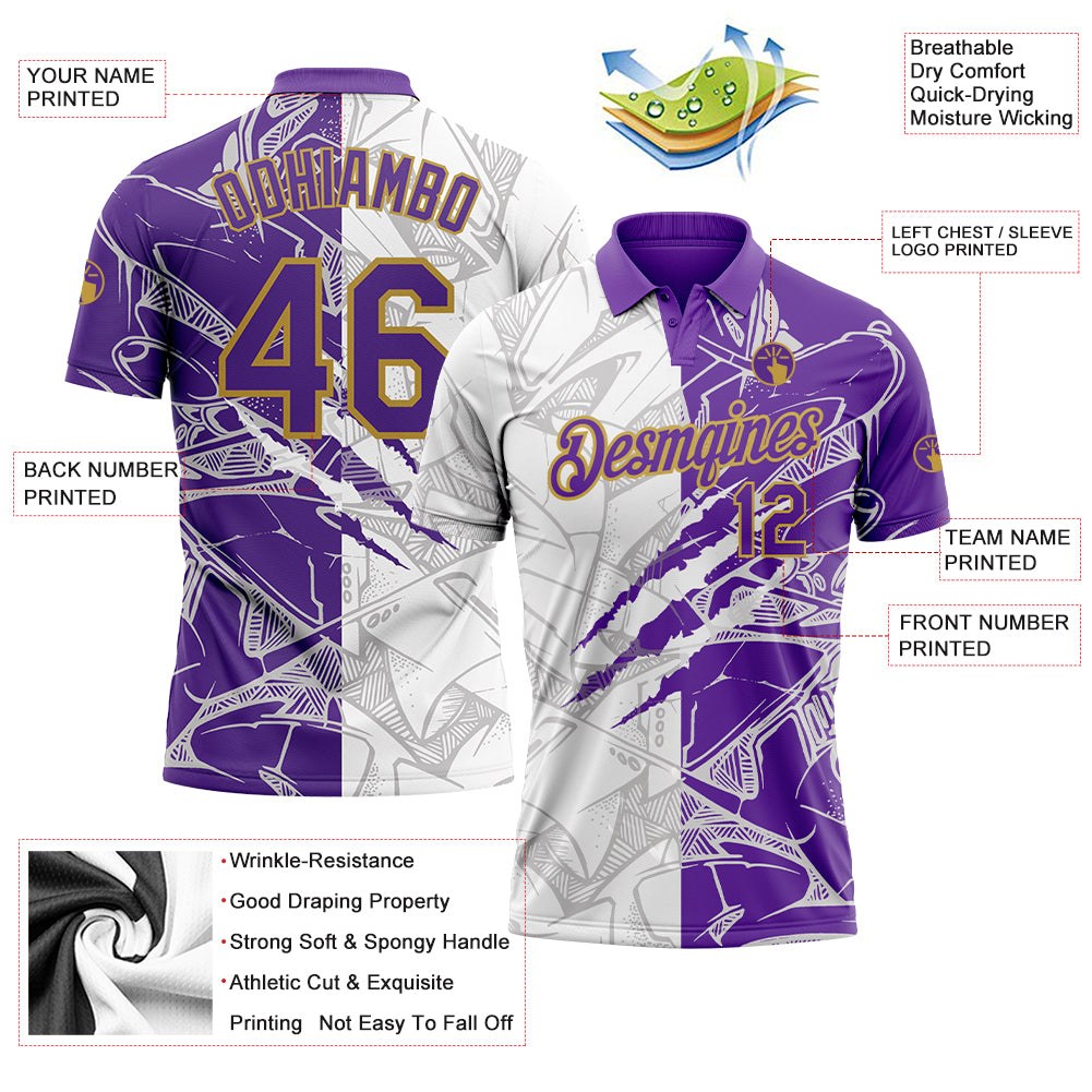 Custom Graffiti Pattern Purple-Old Gold 3D Scratch Performance Golf Polo Shirt photo 3