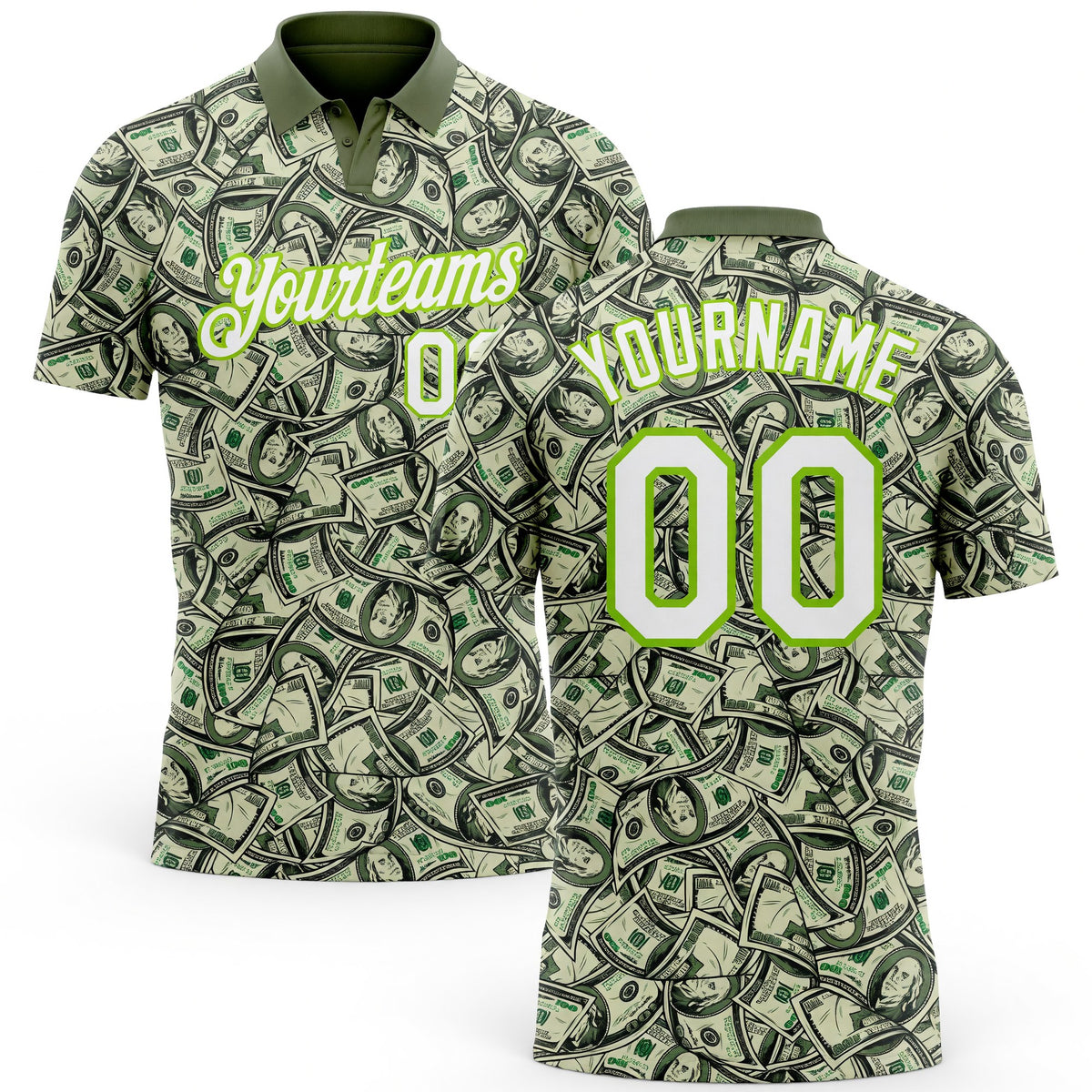 Custom Green White-Neon Green 3D Pattern Design Dollar Performance Golf Polo Shirt