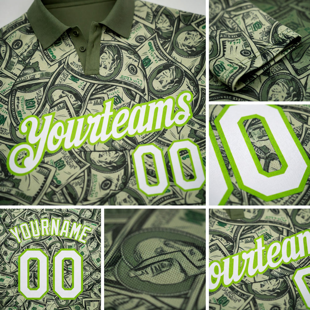 Custom Green White-Neon Green 3D Pattern Design Dollar Performance Golf Polo Shirt detail