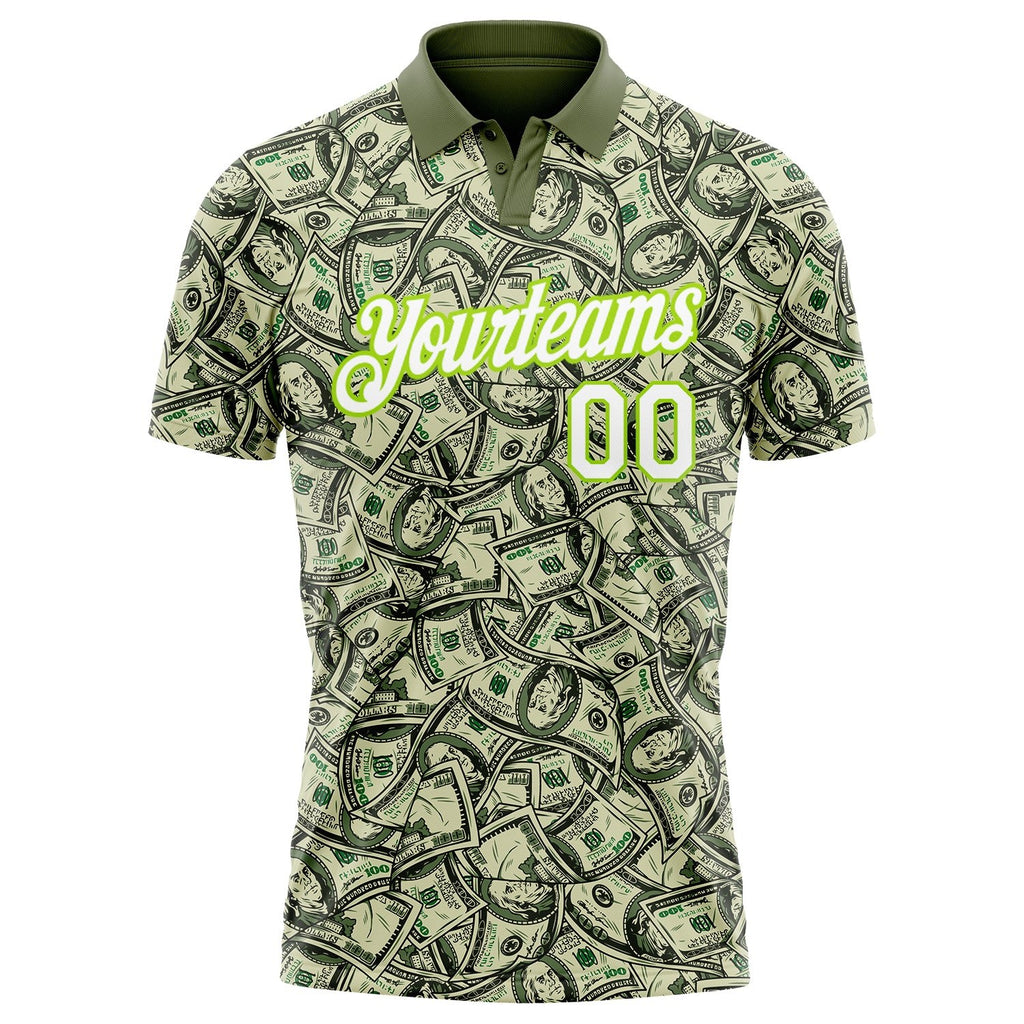 Custom Green White-Neon Green 3D Pattern Design Dollar Performance Golf Polo Shirt photo 1