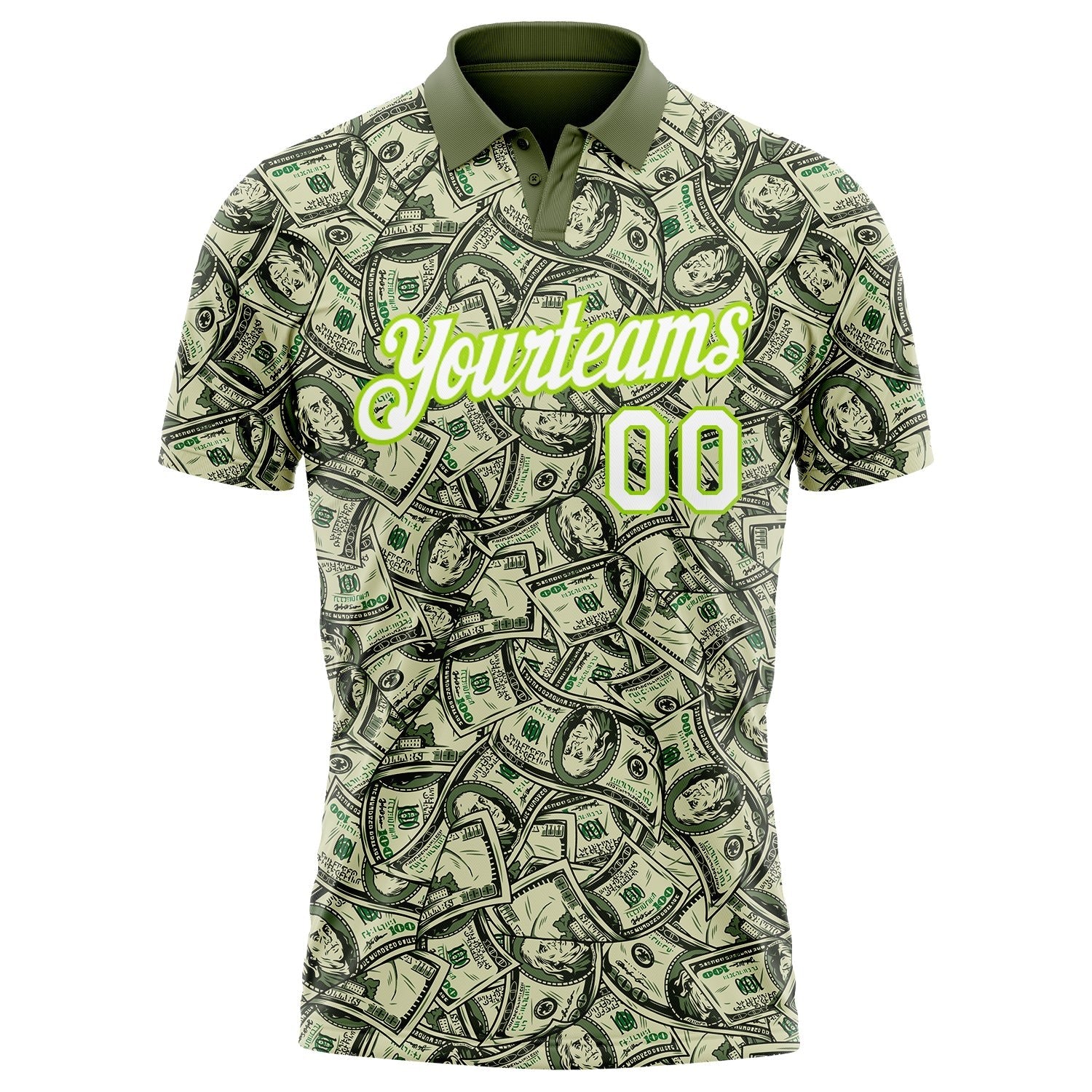 Custom Green White-Neon Green 3D Pattern Design Dollar Performance Golf Polo Shirt photo 1