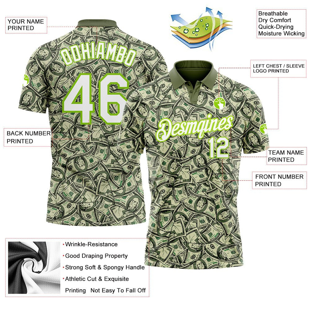 Custom Green White-Neon Green 3D Pattern Design Dollar Performance Golf Polo Shirt photo 2