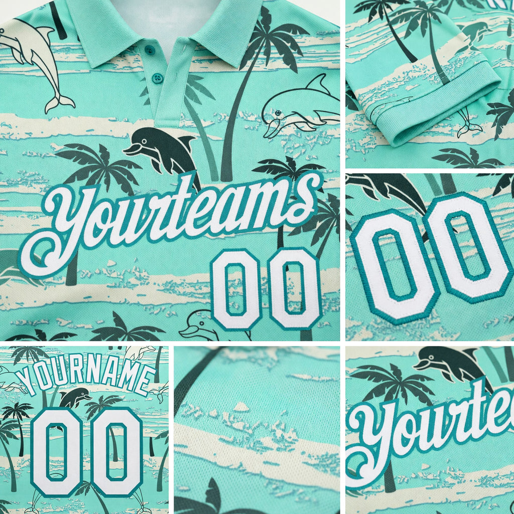Custom Teal White 3D Pattern Design Hawaii Palm Trees Performance Golf Polo Shirt detail