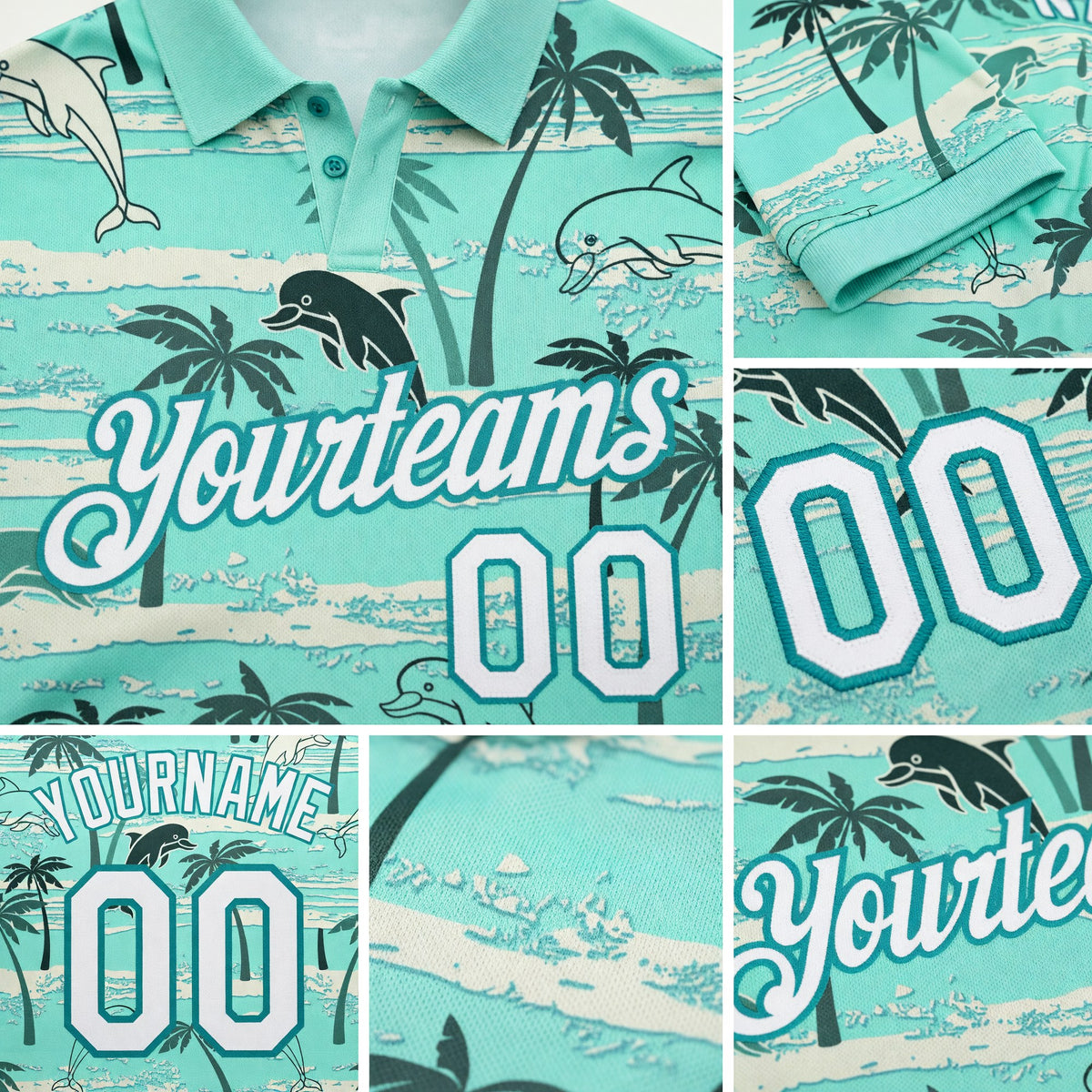 Custom Teal White 3D Pattern Design Hawaii Palm Trees Performance Golf Polo Shirt detail
