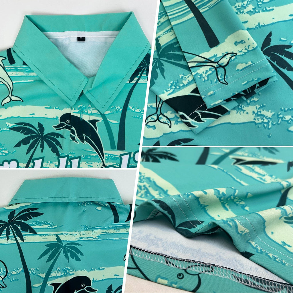 Custom Teal White 3D Pattern Design Hawaii Palm Trees Performance Golf Polo Shirt photo 1