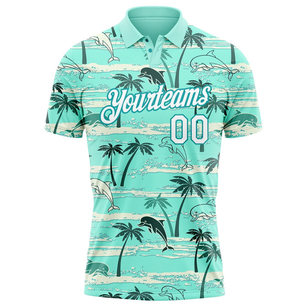 Custom Teal White 3D Pattern Design Hawaii Palm Trees Performance Golf Polo Shirt photo 2