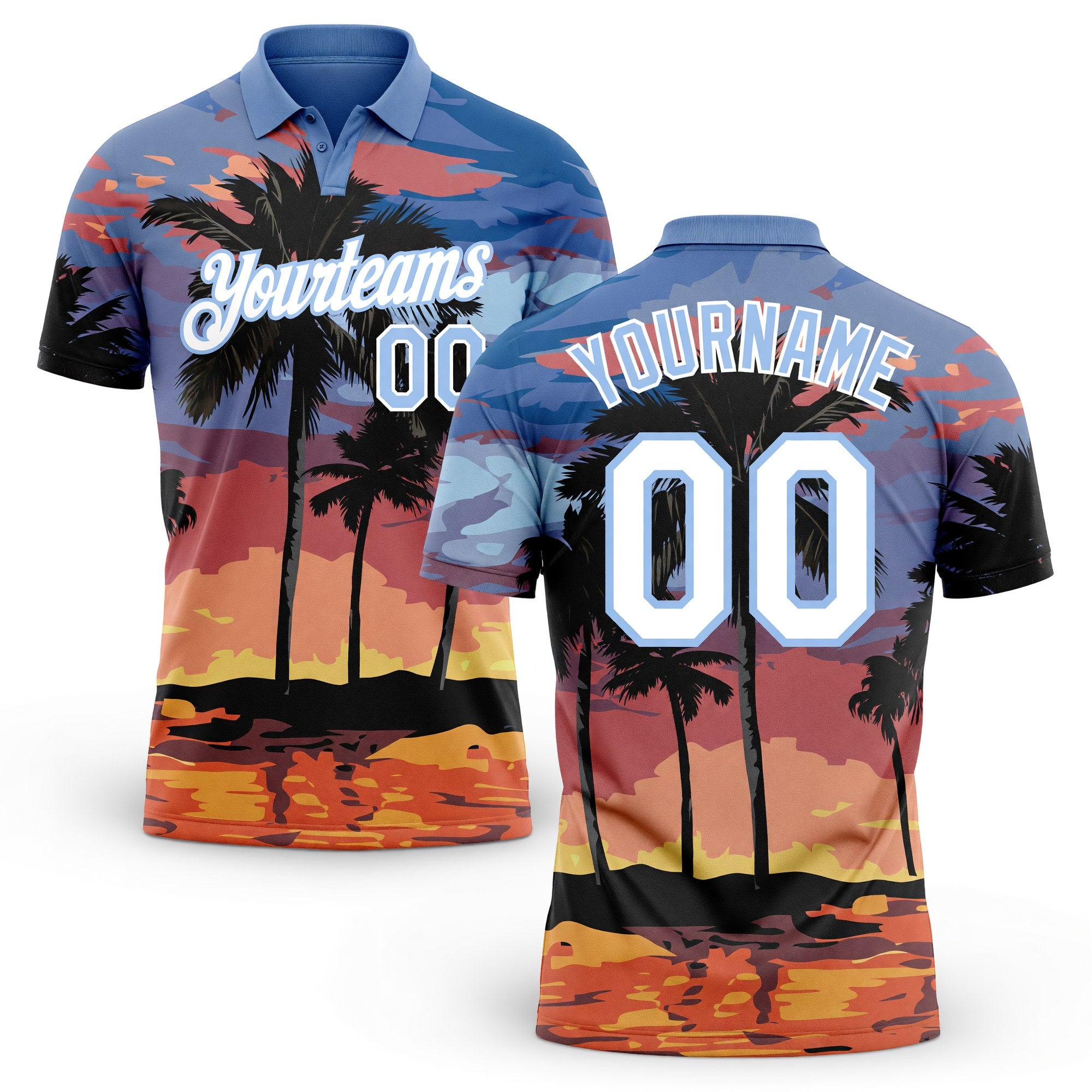Custom Light Blue White 3D Pattern Design Hawaii Palm Trees Performance Golf Polo Shirt