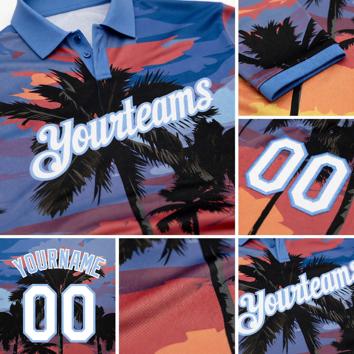 Custom Light Blue White 3D Pattern Design Hawaii Palm Trees Performance Golf Polo Shirt detail