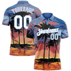 Custom Light Blue White 3D Pattern Design Hawaii Palm Trees Performance Golf Polo Shirt photo 1