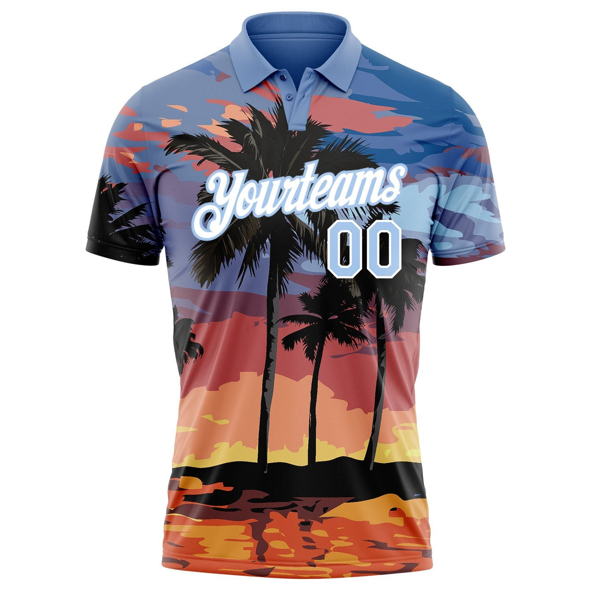 Custom Light Blue White 3D Pattern Design Hawaii Palm Trees Performance Golf Polo Shirt photo 2