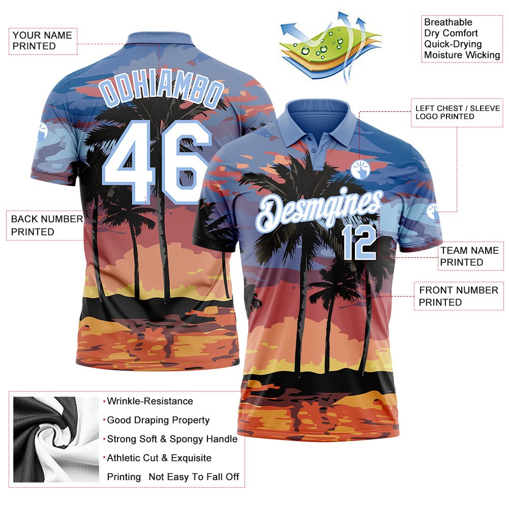 Custom Light Blue White 3D Pattern Design Hawaii Palm Trees Performance Golf Polo Shirt photo 3