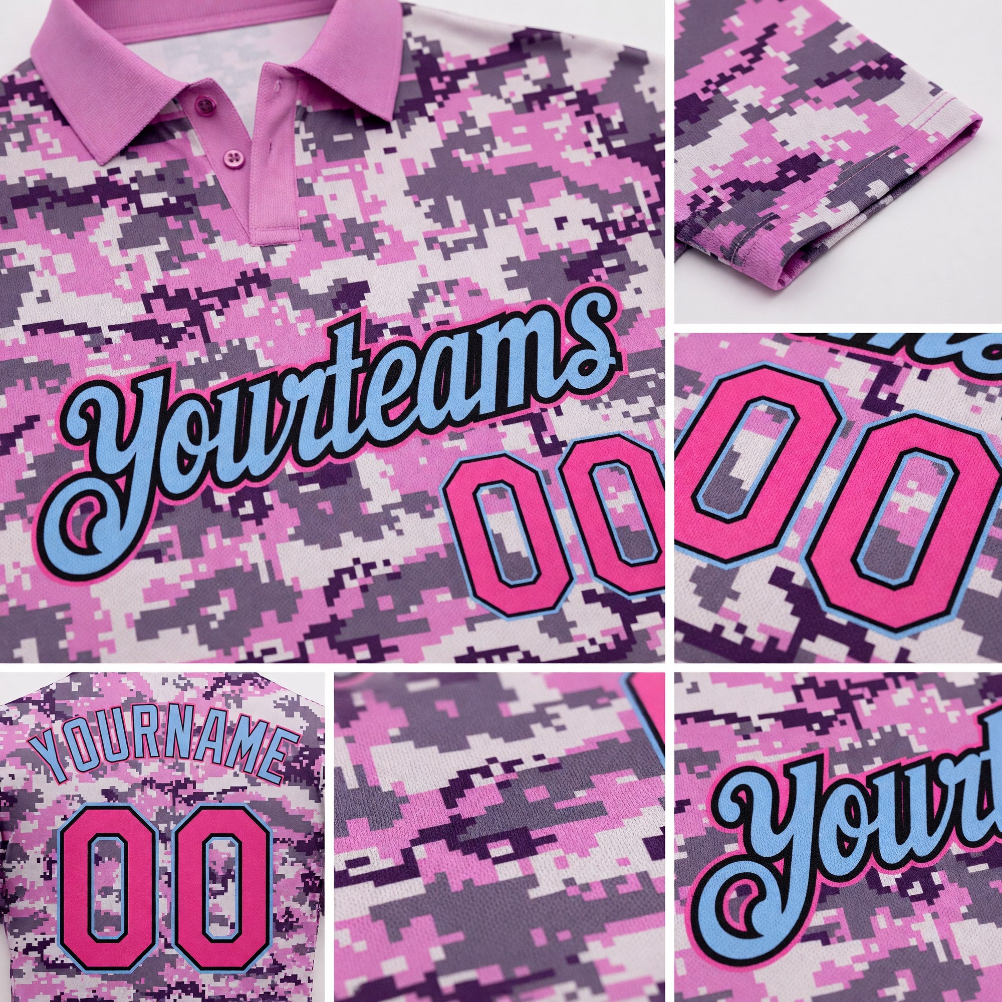 Custom Camo Pink-Light Blue Performance Salute To Service Golf Polo Shirt detail