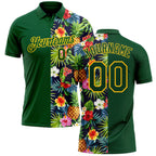 Custom Green Yellow 3D Pattern Design Tropical Pattern With Pineapples Palm Leaves And Flowers Performance Golf Polo Shirt