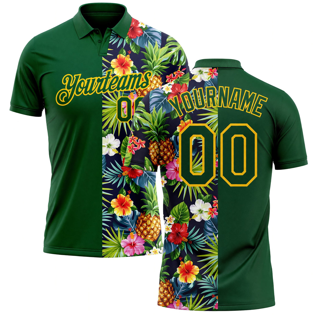 Custom Green Yellow 3D Pattern Design Tropical Pattern With Pineapples Palm Leaves And Flowers Performance Golf Polo Shirt