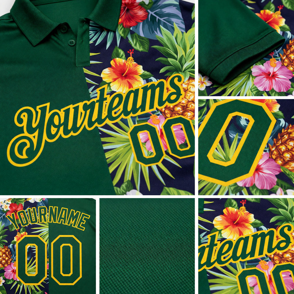 Custom Green Yellow 3D Pattern Design Tropical Pattern With Pineapples Palm Leaves And Flowers Performance Golf Polo Shirt detail