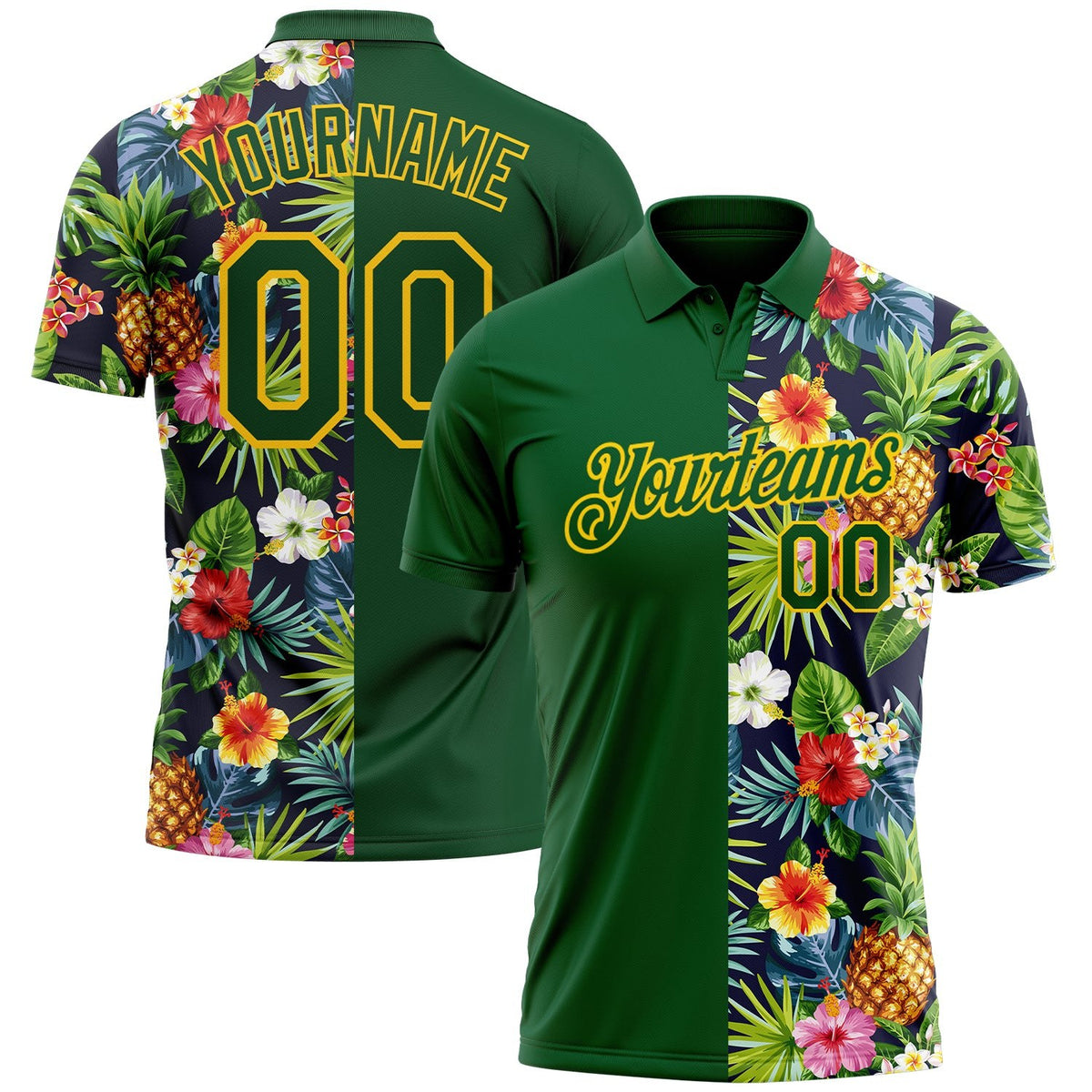 Custom Green Yellow 3D Pattern Design Tropical Pattern With Pineapples Palm Leaves And Flowers Performance Golf Polo Shirt photo 1