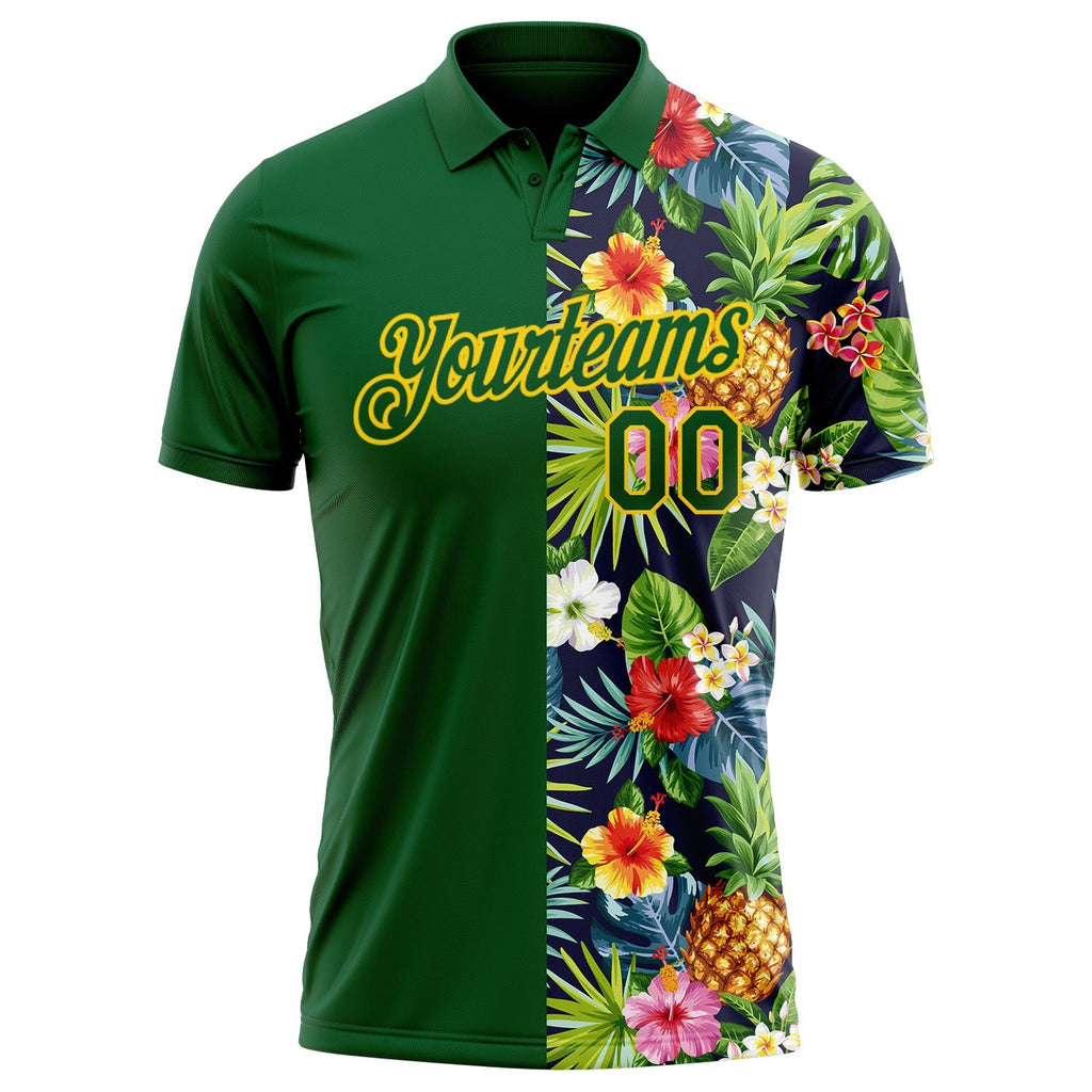 Custom Green Yellow 3D Pattern Design Tropical Pattern With Pineapples Palm Leaves And Flowers Performance Golf Polo Shirt photo 2
