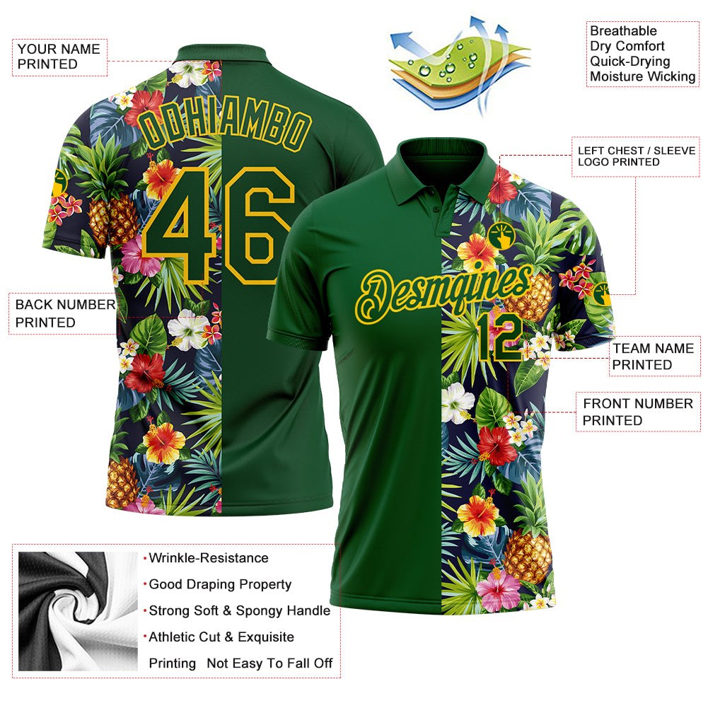 Custom Green Yellow 3D Pattern Design Tropical Pattern With Pineapples Palm Leaves And Flowers Performance Golf Polo Shirt photo 3