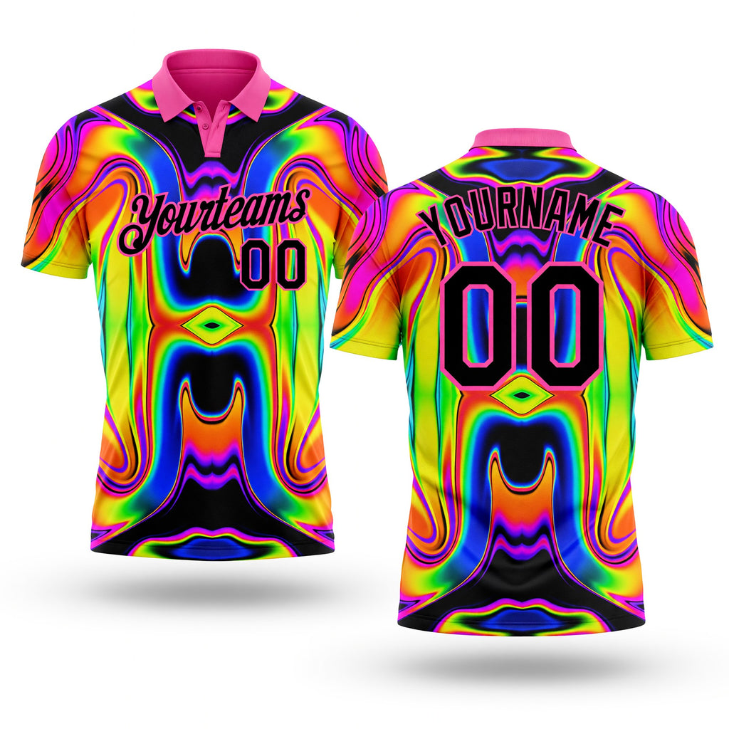 Custom Pink Black 3D Pattern Design Abstract Iridescent Psychedelic Swirl Fluid Art Performance Golf Polo Shirt