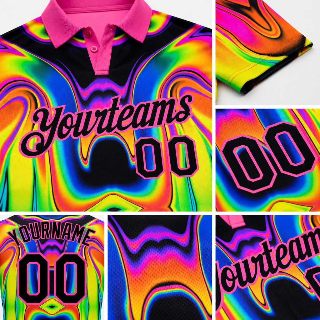 Custom Pink Black 3D Pattern Design Abstract Iridescent Psychedelic Swirl Fluid Art Performance Golf Polo Shirt detail