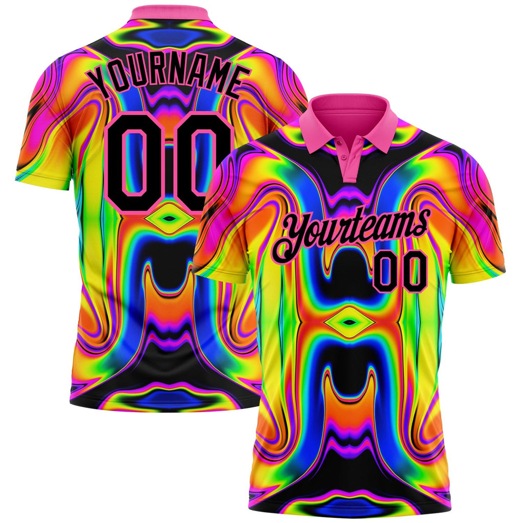 Custom Pink Black 3D Pattern Design Abstract Iridescent Psychedelic Swirl Fluid Art Performance Golf Polo Shirt photo 1