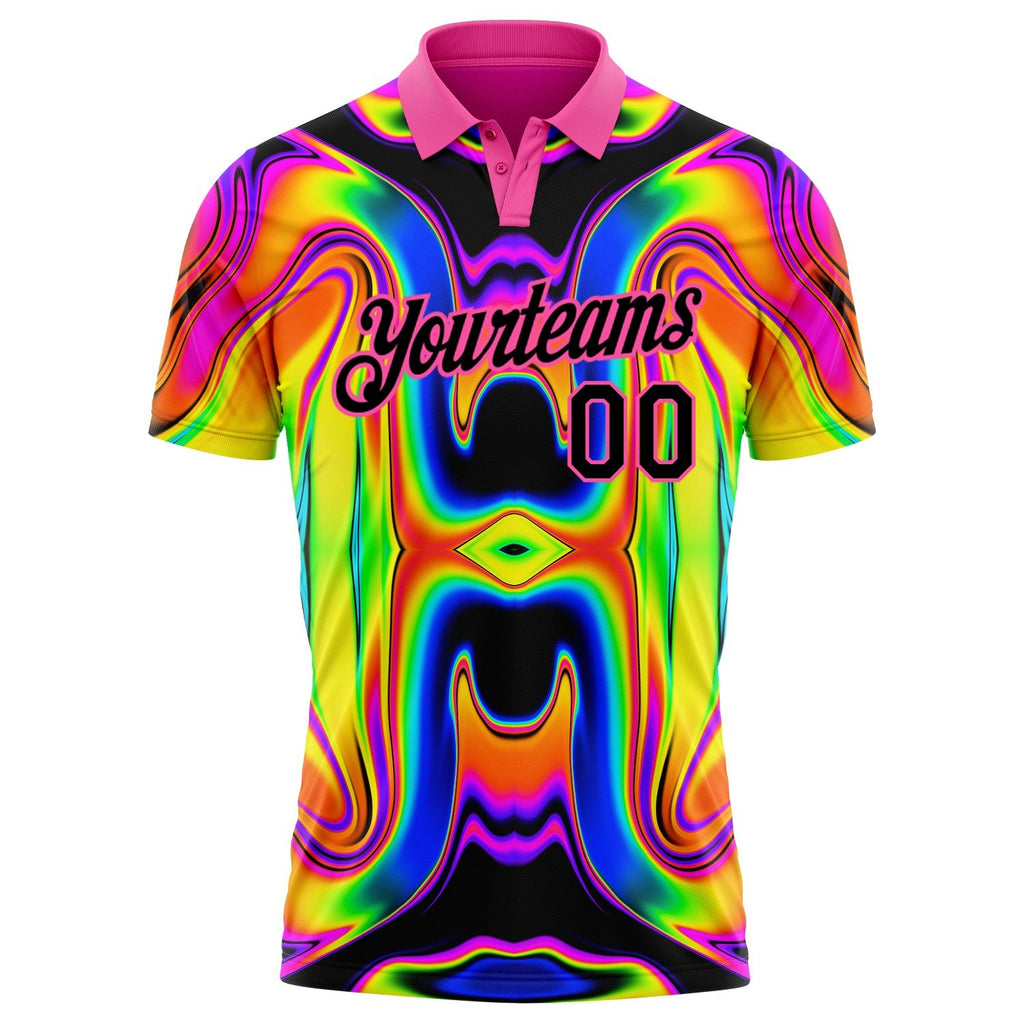 Custom Pink Black 3D Pattern Design Abstract Iridescent Psychedelic Swirl Fluid Art Performance Golf Polo Shirt photo 2