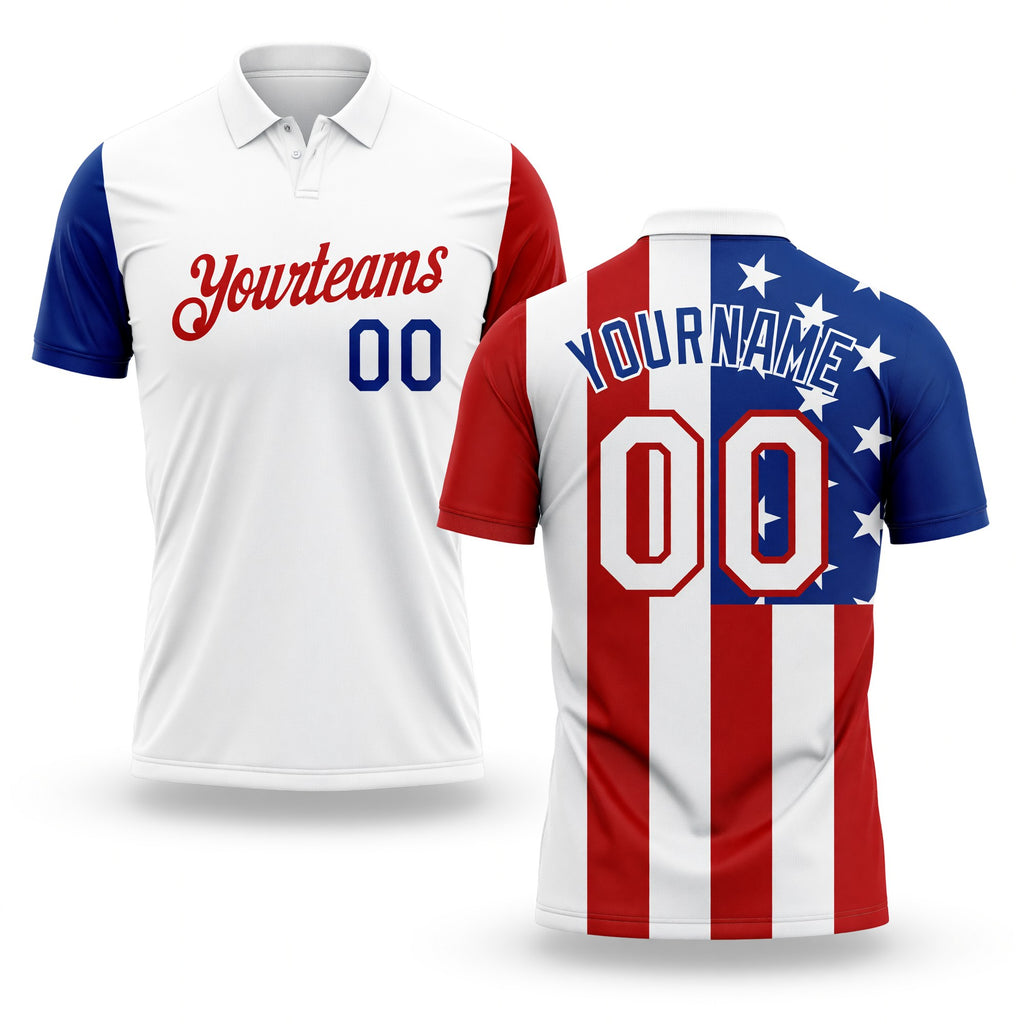 Custom White Red-Royal 3D American Flag Performance Golf Polo Shirt