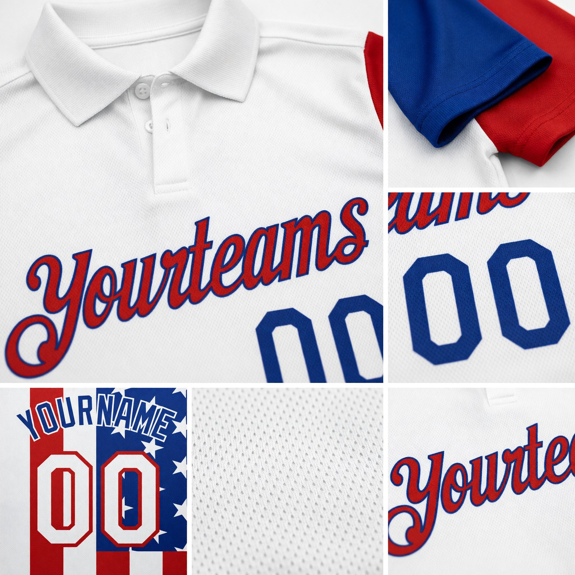 Custom White Red-Royal 3D American Flag Performance Golf Polo Shirt detail
