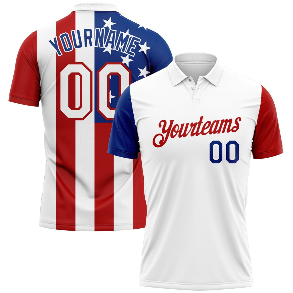 Custom White Red-Royal 3D American Flag Performance Golf Polo Shirt photo 1