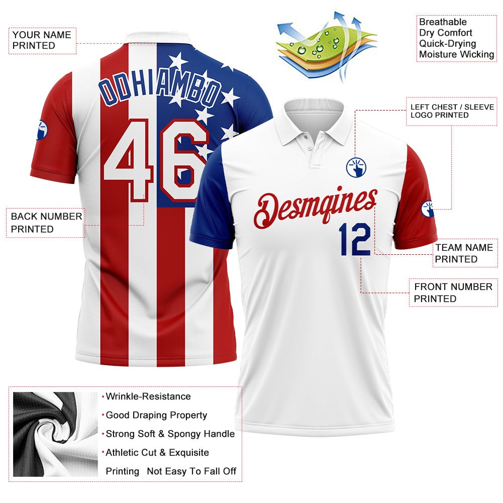 Custom White Red-Royal 3D American Flag Performance Golf Polo Shirt photo 3