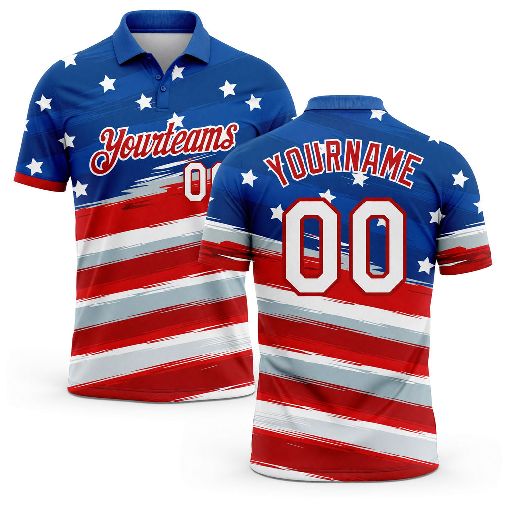 Custom Royal White-Red 3D American Flag Performance Golf Polo Shirt