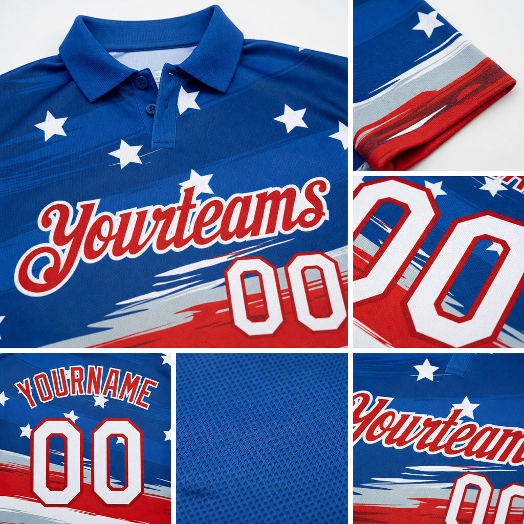 Custom Royal White-Red 3D American Flag Performance Golf Polo Shirt detail