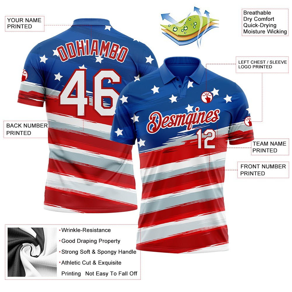 Custom Royal White-Red 3D American Flag Performance Golf Polo Shirt photo 3
