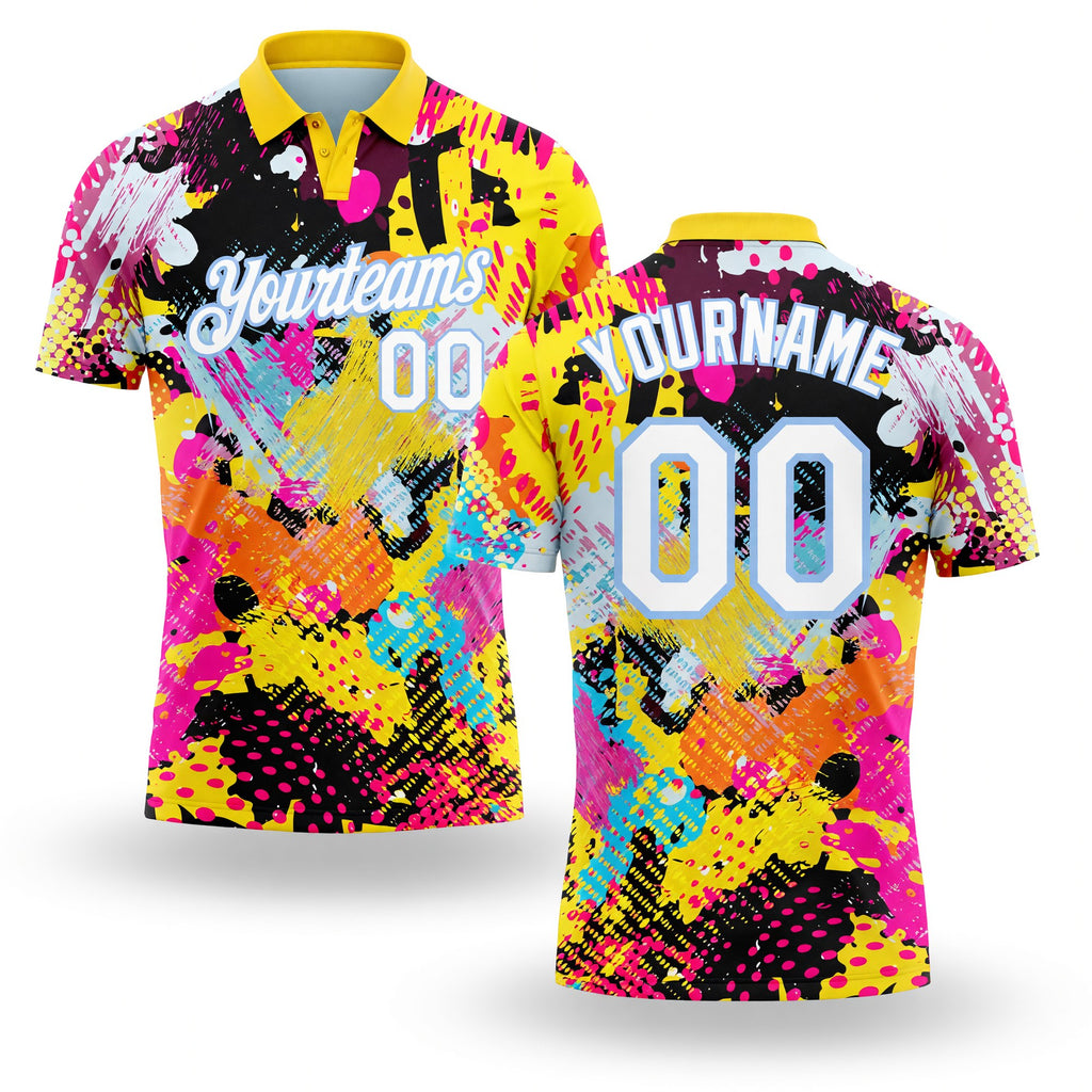Custom Graffiti Pattern White-Light Blue 3D Bright Psychedelic Performance Golf Polo Shirt